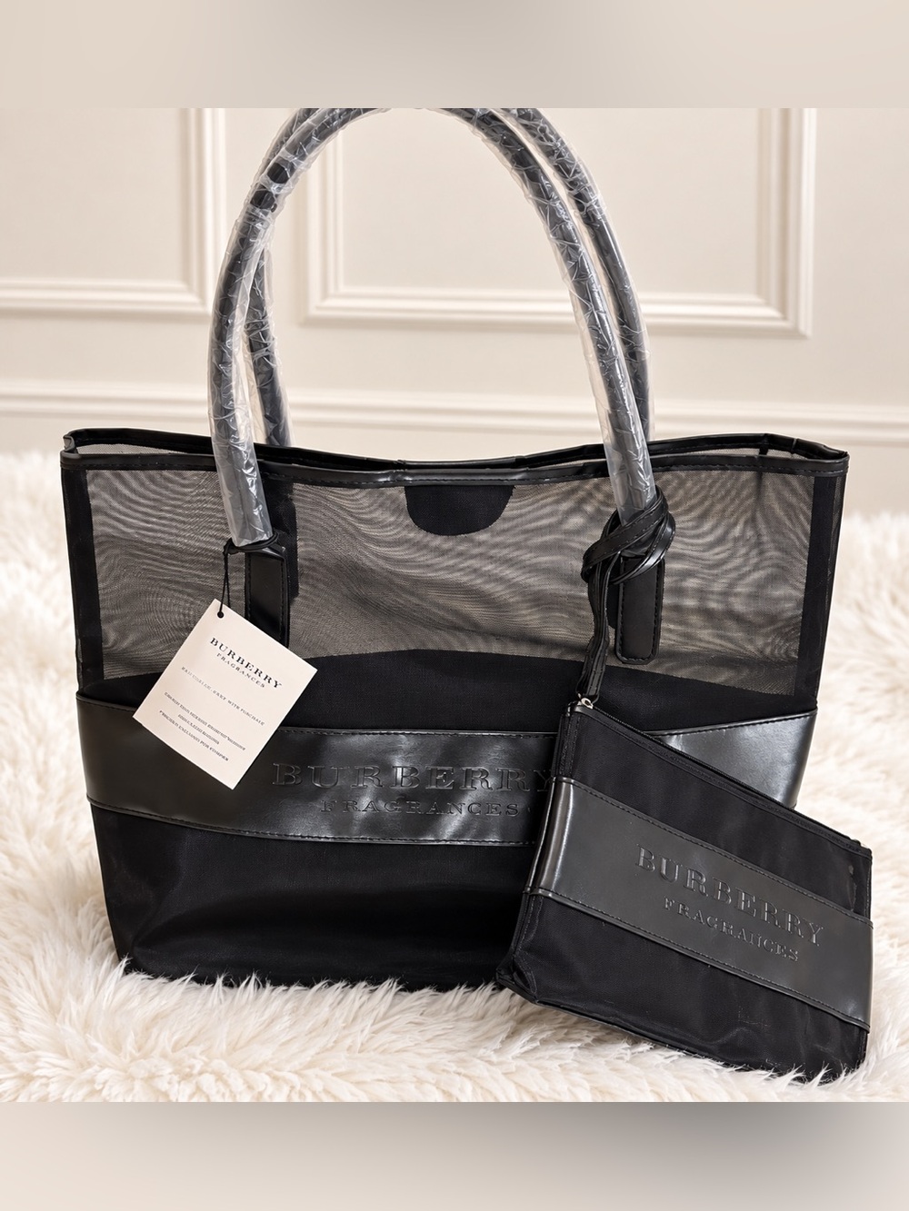 Burberry Fragrances Mesh Tote Bag and Pouch Set Black NWD